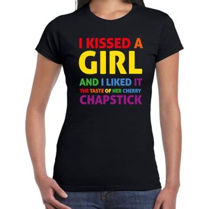Bellatio Decorations Gay Pride t-shirt met tekst - dames - zwart - Kissed a girl - LHBTI/LHBTIQ