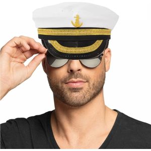 Carnaval verkleed Kapiteinpet - donkere zonnebril - wit - heren/dames - hoofdmaat 60 cm - verkleedkleding accessoires set