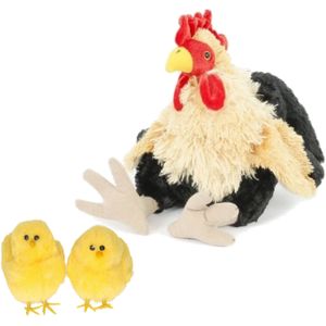 Pluche kip knuffel - 23 cm - multi kleuren - met 2x gele kuikens van 7 cm - kippen familie - Pasen decoratie/versiering