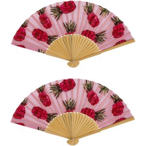 Spaanse handwaaier - 4x - Tropische zomer kleuren print roze ananas - bamboe/papier - 21 cm