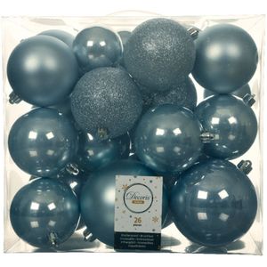 Decoris Kerstballen - 26x st - lichtblauw - 6-8-10 cm - kunststof - kerstversiering