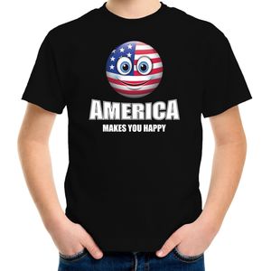 America makes you happy landen t-shirt Amerika met emoticon - zwart - kinderen - USA landen shirt met Amerikaanse vlag - WK / Olympische spelen outfit / kleding
