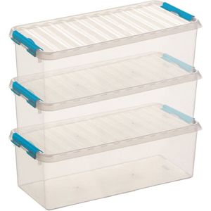 3x Sunware Q-Line opberg boxen/opbergdozen 9,5 liter  48,5 x 19 x 14,7 cm kunststof - Langwerpige/smalle opslagbox - Opbergbak kunststof transparant/blauw