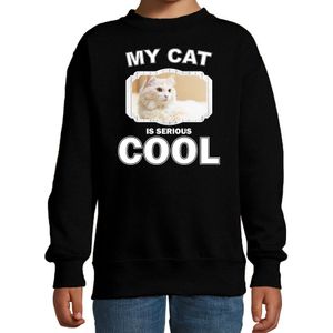 Witte kat katten trui / sweater my cat is serious cool zwart - kinderen - katten / poezen liefhebber cadeau sweaters - kinderkleding / kleding