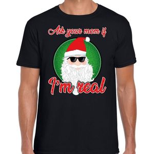 Fout Kerst t-shirt - cool santa / kerstman - Ask your mom if I am real - zwart voor heren - kerstkleding / kerst outfit
