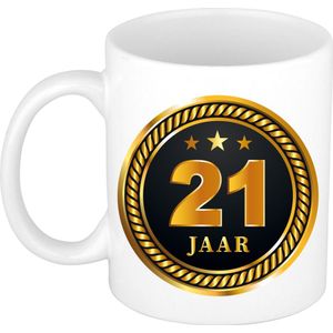 21 jaar jubileum/ verjaardag mok medaille/ embleem zwart goud - Cadeau beker verjaardag, jubileum, 21 jaar in dienst