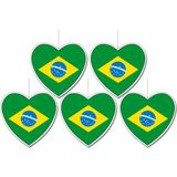 5x stuks brazilie vlag hangdecoratie hartjes vorm karton 14 cm - Brandvertragend - Feestartikelen/decoraties