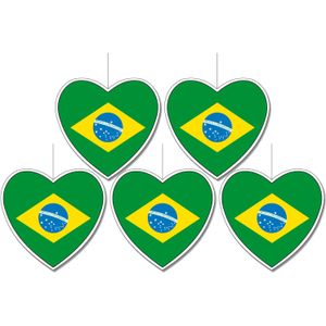 5x stuks brazilie vlag hangdecoratie hartjes vorm karton 14 cm - Brandvertragend - Feestartikelen/decoraties