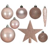 Kerstversiering kunststof kerstballen en hangers lichtroze 5-6-8 cm pakket van 39x stuks - Met ster vorm piek van 19 cm