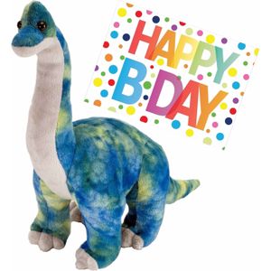 Pluche knuffel Dino Brachiosaurus 25 cm met grote A5-size Happy Birthday wenskaart - Verjaardag cadeau setje - Een knuffel sturen
