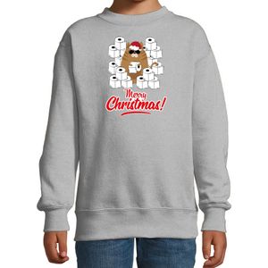 Foute Kerstsweater / Kerst trui met hamsterende kat Merry Christmas grijs voor kinderen- Kerstkleding / Christmas outfit