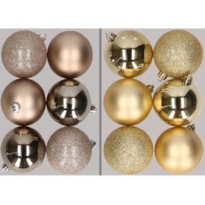 12x stuks kunststof kerstballen mix van champagne en goud 8 cm - Kerstversiering