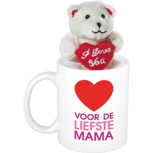 Moeder cadeau Voor de liefste mama + hartje beker / mok 300 ml met beige knuffelbeertje met love hartje - Moederdag cadeautje