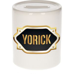 Yorick naam cadeau spaarpot met gouden embleem - kado verjaardag/ vaderdag/ pensioen/ geslaagd/ bedankt