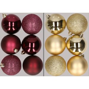12x stuks kunststof kerstballen mix van aubergine en goud 8 cm - Kerstversiering