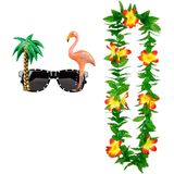 Tropische Hawaii party verkleed accessoires set - Funny zonnebril - en bloemenkrans groen/geel - voor volwassenen