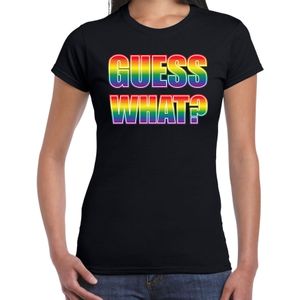 T-shirt Guess what - Coming out tekst regenboog - zwart - dames -  LHBT - Gay pride shirt / kleding / outfit