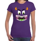 Monster gezicht verkleed t-shirt paars voor dames - Carnaval / Halloween shirt / kleding / kostuum