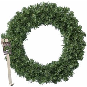 Kerstkrans 60 cm - groen - met messing zilveren hanger/ophanghaak - kerstversiering