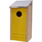Set van 2 houten vogelhuisjes/nestkastjes met gele/groene voorzijde en metalen dakje 26 cm - Vogelhuisjes tuindecoraties