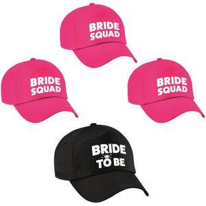 Vrijgezellenfeest dames petjes pakket - 1x Bride to Be zwart + 7x Bride Squad roze - Vrijgezellen vrouw artikelen/ accessoires