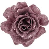 3x stuks decoratie bloemen roos roze glitter op clip 10 cm - Decoratiebloemen/kerstboomversiering/kerstversiering