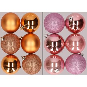 12x stuks kunststof kerstballen mix van koper en roze 8 cm - Kerstversiering