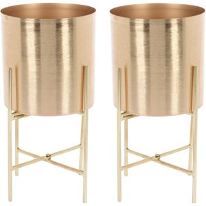 Set van 2x stuks luxe plantenpot/bloempot goud van 15 x 15 cm op een metalen standaard met een hoogte van 30 cm