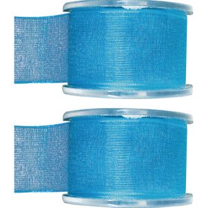 2x Hobby/decoratie turquoise organza sierlinten 4 cm/40 mm x 20 meter - Cadeaulint organzalint/ribbon - Striklint linten blauw