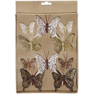 30x stuks Decoratie vlinders op clip bruin/goud - vlindertjes decoraties - Kerstboomversiering / woondecoratie / knutsel/hobby