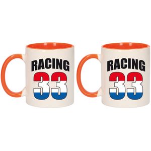 2x stuks racing 33 vlag beker / mok wit en oranje - 300 ml - Formule - Nederland supporter / fan