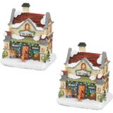 2x stuks kerstdorp kersthuisjes speelgoedwinkels met verlichting 9 x 11 x 12,5 cm - Kerstversiering/kerstdecoratie