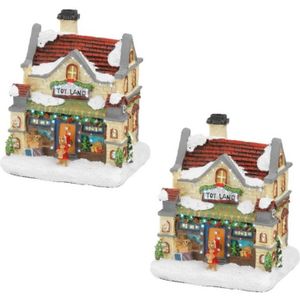 2x stuks kerstdorp kersthuisjes speelgoedwinkels met verlichting 9 x 11 x 12,5 cm - Kerstversiering/kerstdecoratie