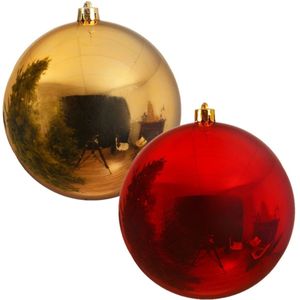 2x stuks grote kerstballen van 20 cm glans van kunststof goud en rood - Kerstversiering
