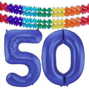 Folat folie ballonnen - Leeftijd cijfer 50 - blauw - 86 cm - en 2x slingers