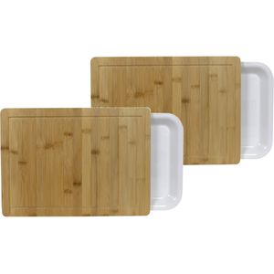 2x Bamboe snijplanken met kunststof opvangbak 38 x 26 cm - Keukenbenodigdheden - Kookbenodigdheden - Snijplanken/serveerplanken - Houten serveerborden - Snijplanken van hout