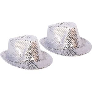 2x stuks zilveren carnaval verkleed hoedje met pailletten - bling bling glitter hoeden