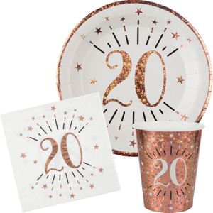 Verjaardag feest bekertjes/bordjes en servetten leeftijd - 60x - 20 jaar - rose goud
