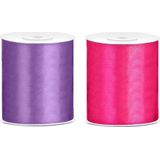 2x rollen satijnlint paars-fuchsia roze 10 cm x 25 meter - Hobby cadeaulint sierlint