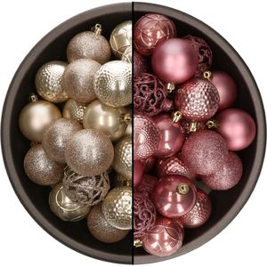 Bellatio Decorations Kerstballen mix - 74-delig - parel champagne en velvet roze - 6 cm - kunststof