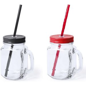 4x stuks Glazen Mason Jar drinkbekers met dop en rietje 500 ml - 2x zwart/2x rood - afsluitbaar/niet lekken/fruit shakes