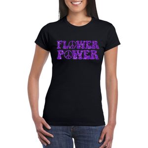 Zwart Flower Power t-shirt peace tekens met paarse letters dames - Sixties/jaren 60 kleding