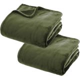 2x Stuks Fleece Deken/Fleeceplaid Olijf Groen 130 X 180 cm Polyester - Bankdeken - Fleece Deken