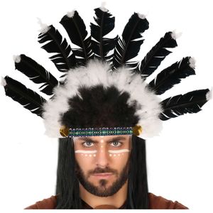 Atosa indianen veren tooi voor heren - zwart/wit - met ornamenten - carnaval/verkleed accessoires - volwassenen