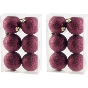 12x Aubergine roze kunststof/plastic kerstballen 6 cm - Glitters - Onbreekbare kerstballen - Kerstboomversiering aubergine roze