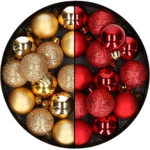 28x stuks kleine kunststof kerstballen goud en rood 3 cm - kerstversiering
