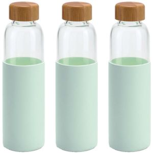 3x Stuks glazen waterfles/drinkfles met mint groene siliconen bescherm hoes 600 ml - Sportfles - Bidon