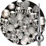 Kerstversiering kunststof kerstballen met glazen piek zilver 6-8-10 cm pakket van 39x stuks - Kerstboomversiering