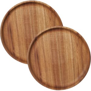 2x stuks kaarsenborden/kaarsenplateaus bruin hout rond D22 cm - Dienbladen met opstaande rand van 2 cm.