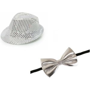 Faram Party verkleed hoedje en strikje - Zilver glitters - Verkleedkleding